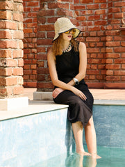 Women Black Crochet Round Neck Sleeveless Beach Maxi-SFDRSS12840