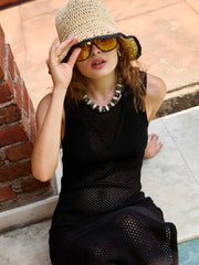 Women Black Crochet Round Neck Sleeveless Beach Maxi-SFDRSS12840