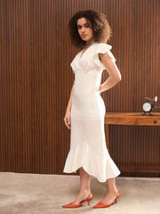 Women White V-Neck Scuba Frill Midi Dress-SFDRSS12848
