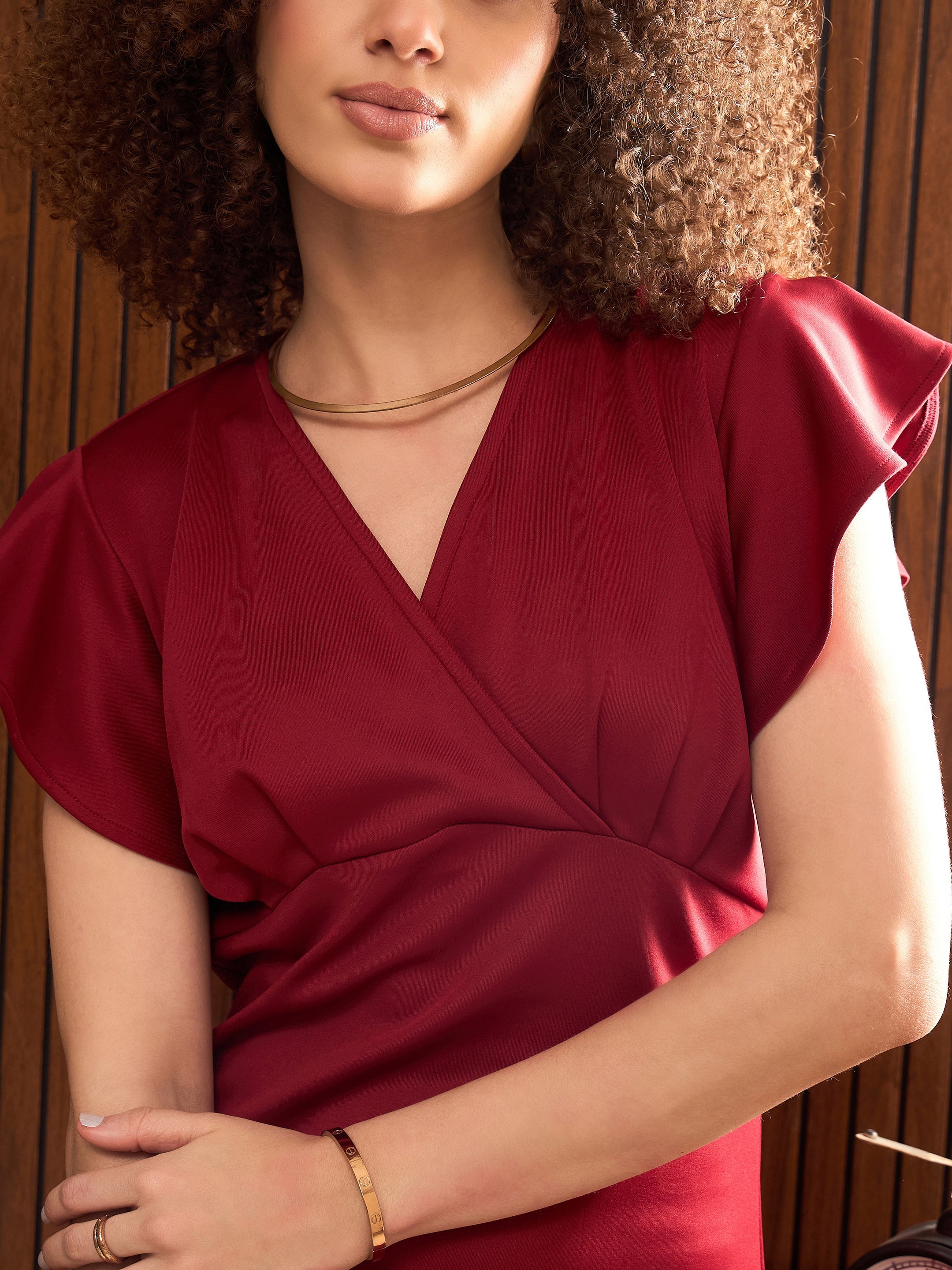 Women Maroon V-Neck Scuba Frill Midi Dress-SFDRSS12849