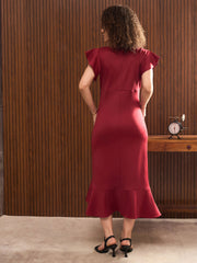 Women Maroon V-Neck Scuba Frill Midi Dress-SFDRSS12849