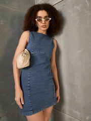 Women Blue Blast Denim Sleeveless Short Dress-SFDRSS12852