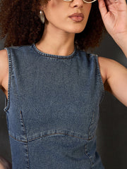 Women Blue Blast Denim Sleeveless Short Dress-SFDRSS12852