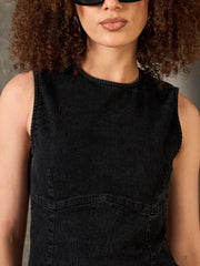 Women Black Washed Denim Sleeveless Short Dress-SFDRSS12853