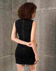 Women Black Washed Denim Sleeveless Short Dress-SFDRSS12853
