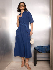 Women Navy Blue Denim Belted Maxi Dress-SFDRSS12854