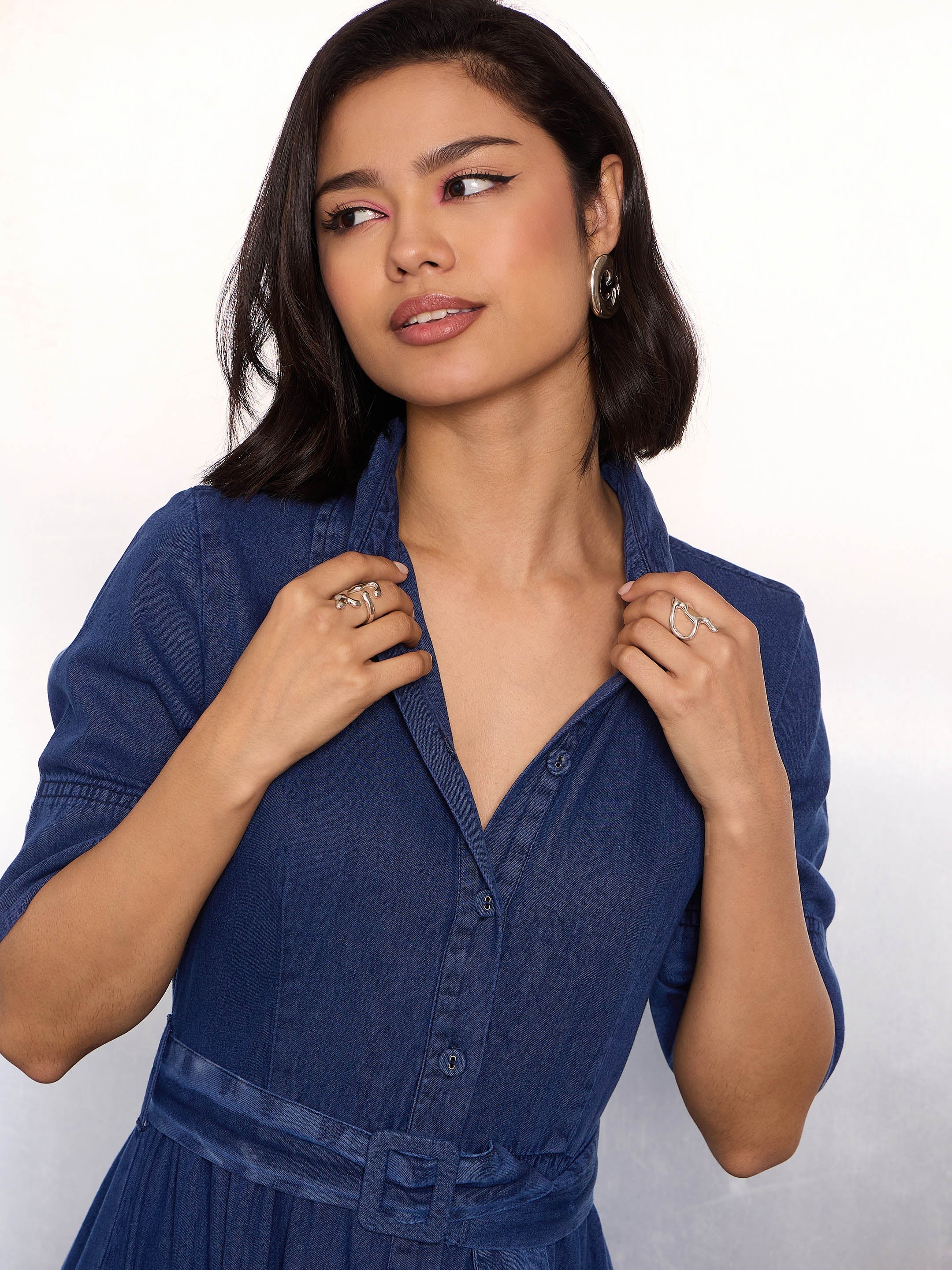 Women Navy Blue Denim Belted Maxi Dress-SFDRSS12854