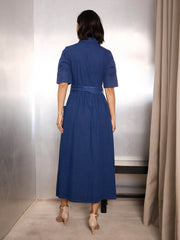 Women Navy Blue Denim Belted Maxi Dress-SFDRSS12854