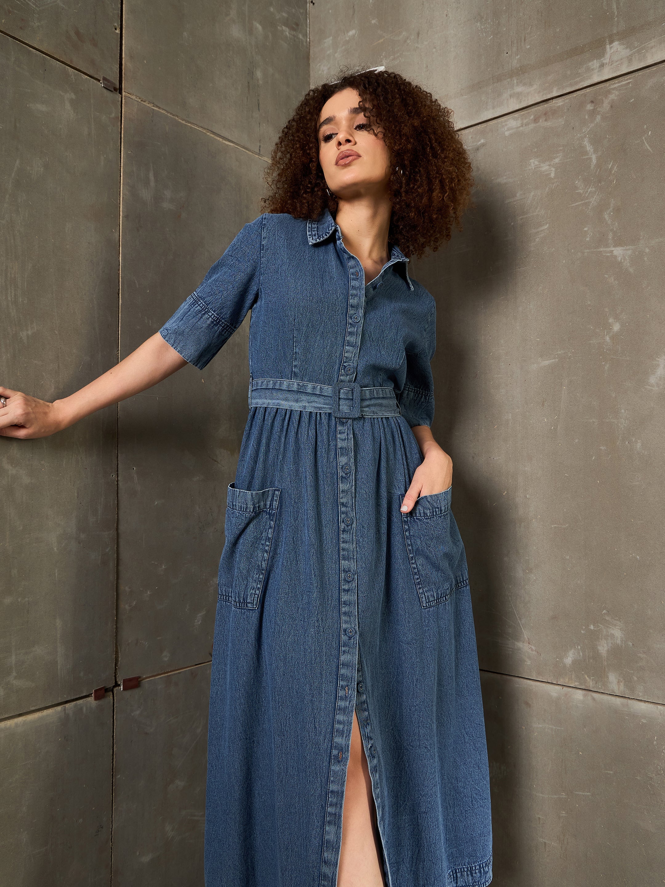 belted denim maxi dress Eden Denim Maxi Dress
