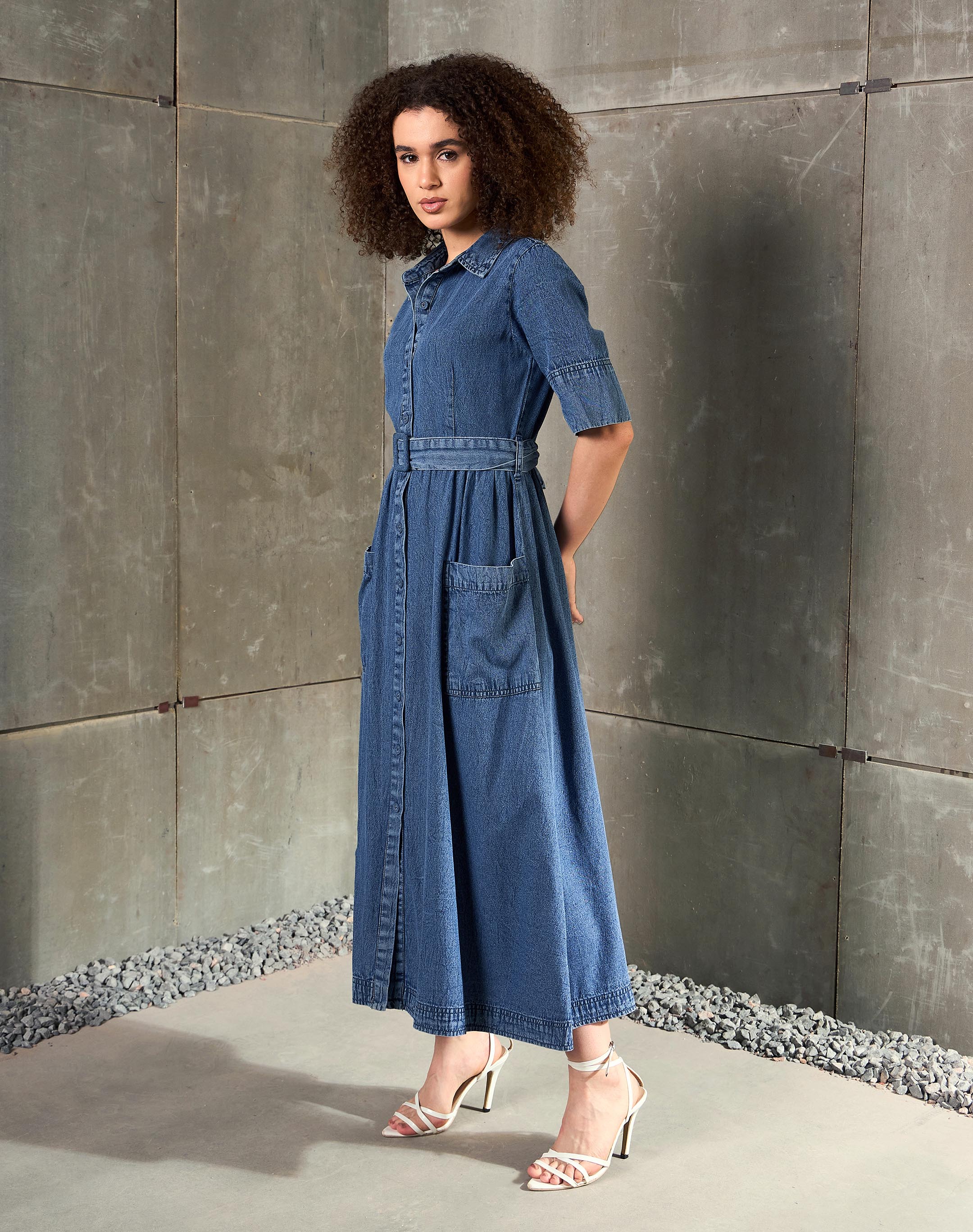 Women Blue Blast Denim Belted Maxi Dress-SFDRSS12855