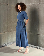 Women Blue Blast Denim Belted Maxi Dress-SFDRSS12855