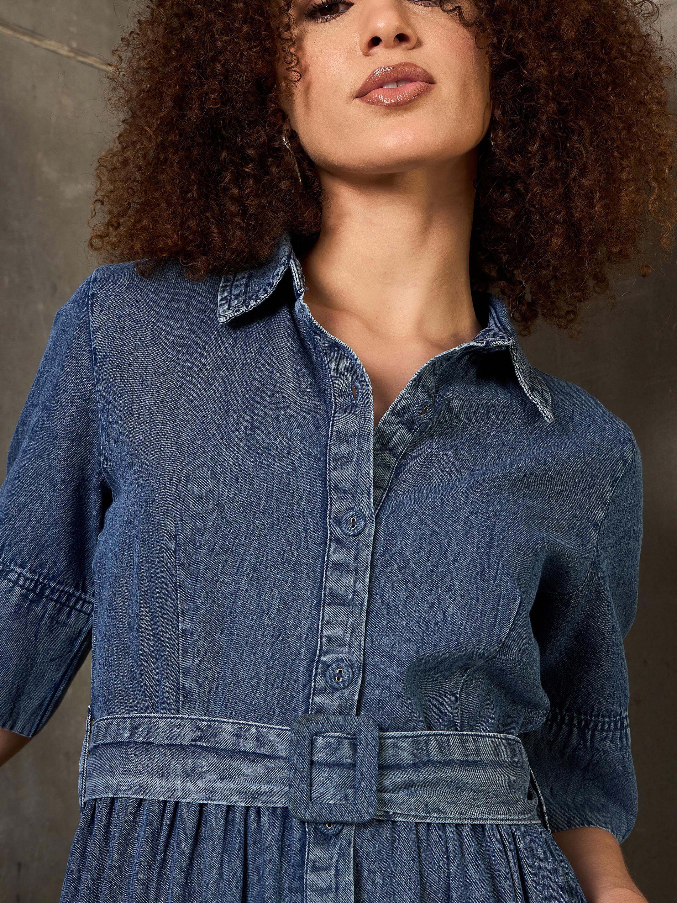 belted denim maxi dress Short Sleeve Denim Belted Tiered Maxi Dress
