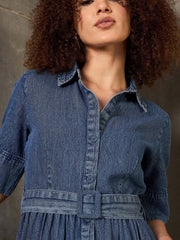 Women Blue Blast Denim Belted Maxi Dress-SFDRSS12855