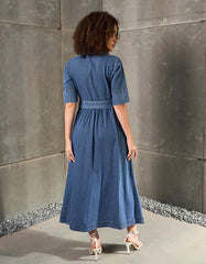 Women Blue Blast Denim Belted Maxi Dress-SFDRSS12855
