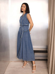 Women Blue Blast Denim Notch Collar Belted Maxi Dress-SFDRSS12856