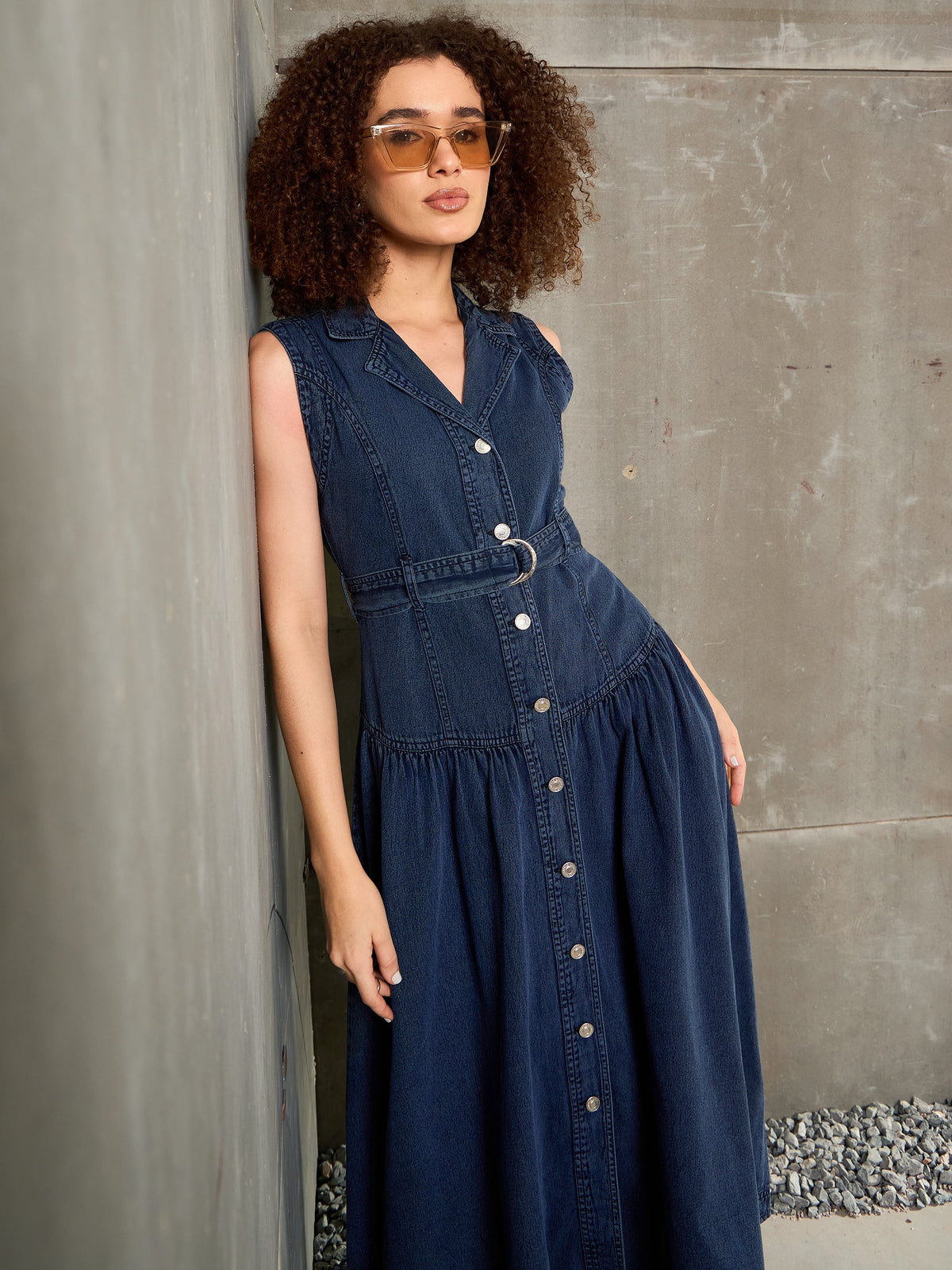 Women Blue Washed Denim Notch Collar Belted Maxi Dress-SFDRSS12857