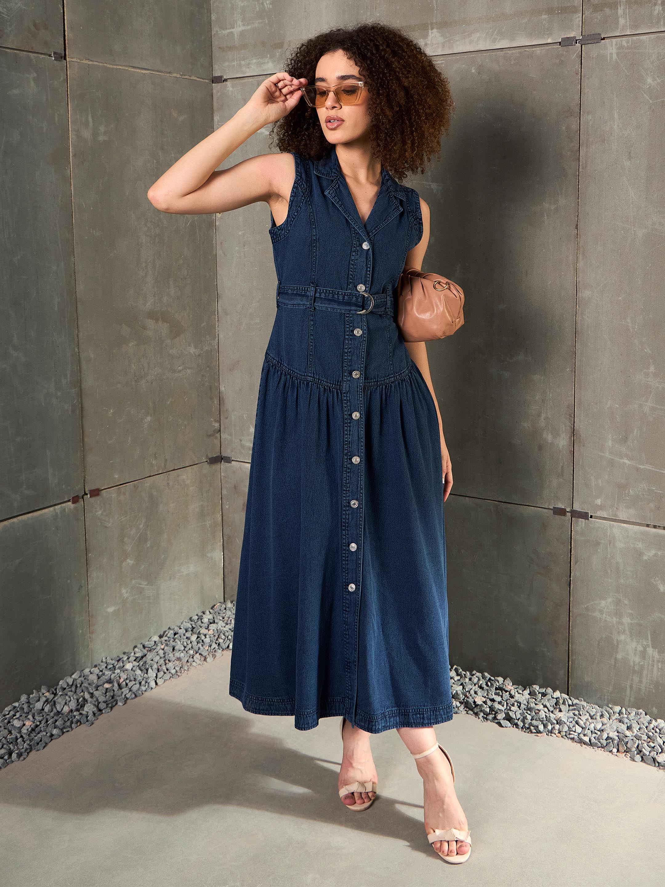 Women Blue Washed Denim Notch Collar Belted Maxi Dress-SFDRSS12857