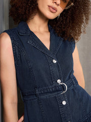 Women Blue Washed Denim Notch Collar Belted Maxi Dress-SFDRSS12857