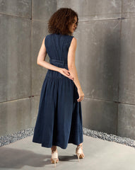 Women Blue Washed Denim Notch Collar Belted Maxi Dress-SFDRSS12857