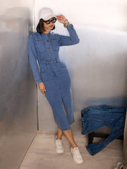 Women Blue Denim Front Slit Midi Dress-SFDRSS12858