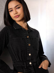 Women Black Washed Denim Front Slit Midi Dress-SFDRSS12859