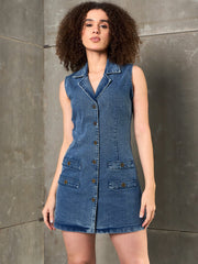 Women Blue Washed Denim Notch Collar Short Dress-SFDRSS12860