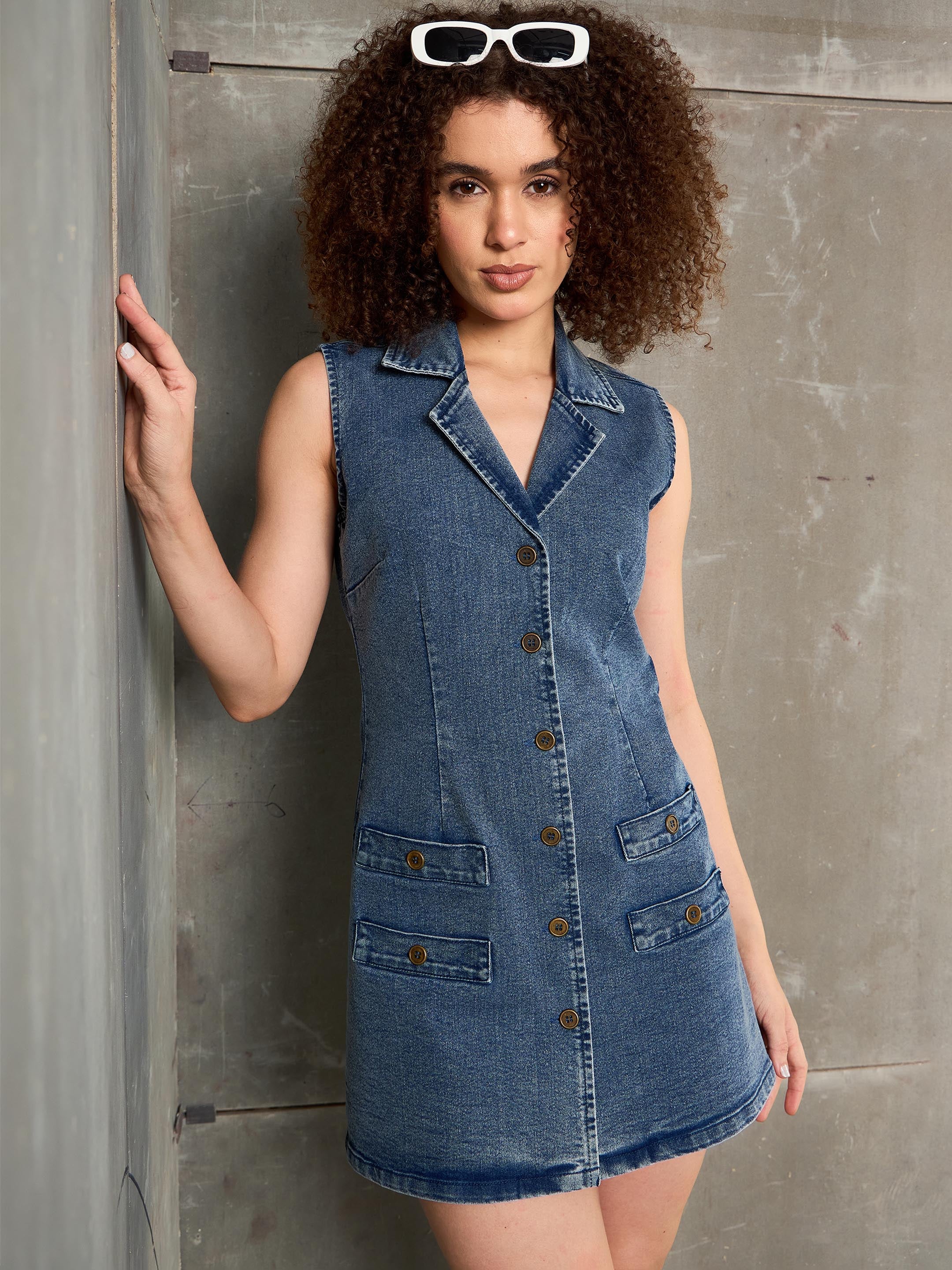 Women Blue Washed Denim Notch Collar Short Dress-SFDRSS12860
