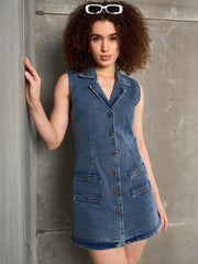 Women Blue Washed Denim Notch Collar Short Dress-SFDRSS12860