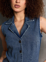 Women Blue Washed Denim Notch Collar Short Dress-SFDRSS12860