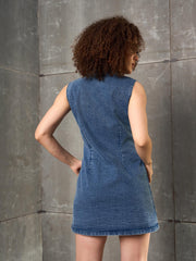 Women Blue Washed Denim Notch Collar Short Dress-SFDRSS12860