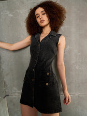 Women Black Washed Denim Notch Collar Short Dress-SFDRSS12861