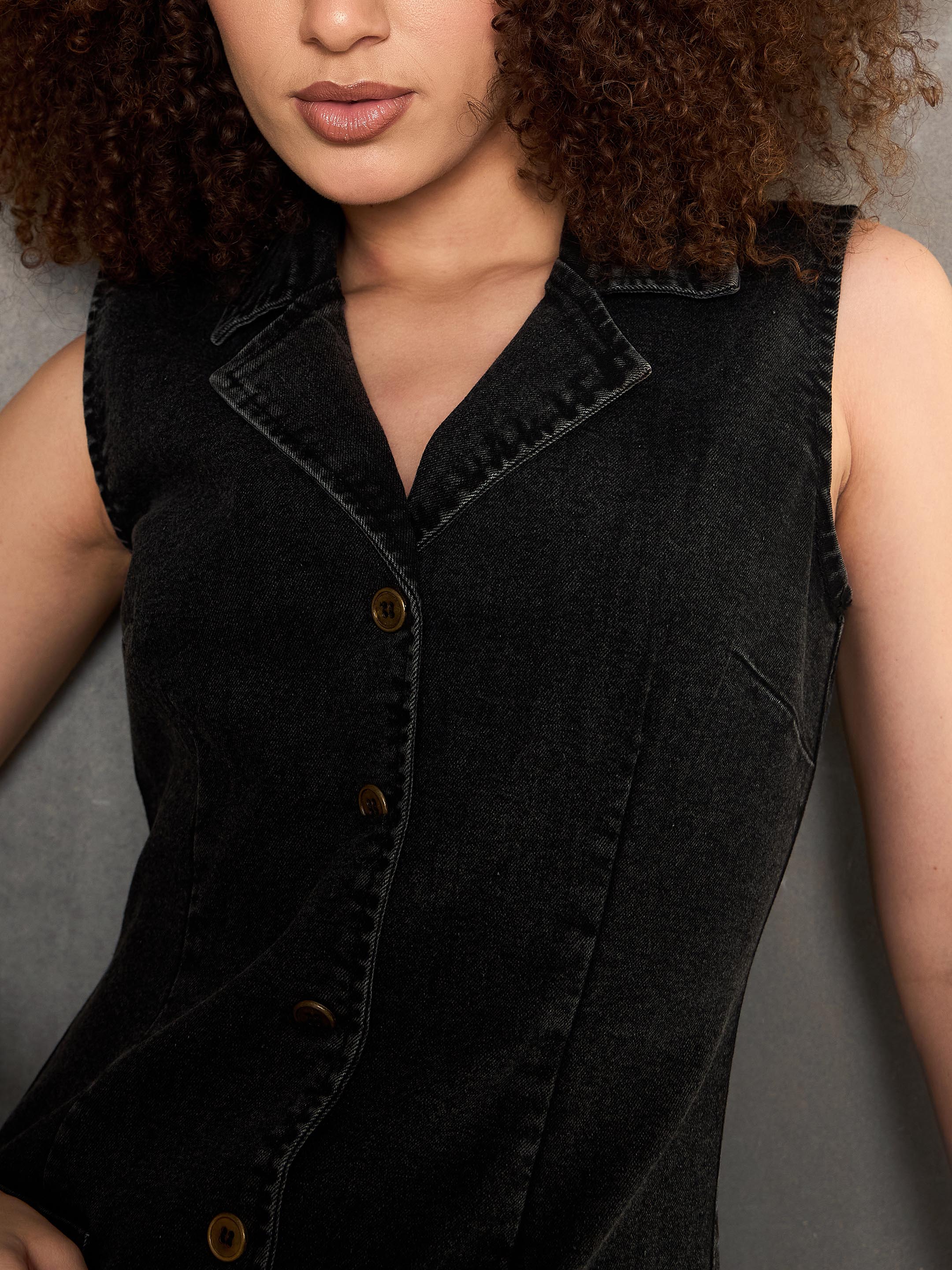 Women Black Washed Denim Notch Collar Short Dress-SFDRSS12861