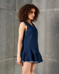 Women Navy Denim Asymmetric Fringe Hem Short Dress-SFDRSS12862
