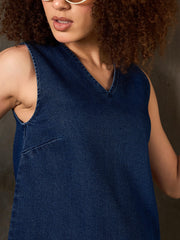 Women Navy Denim Asymmetric Fringe Hem Short Dress-SFDRSS12862
