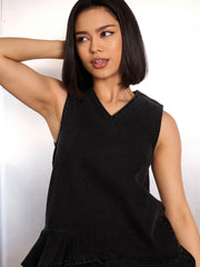 Women Black Denim Asymmetric Fringe Hem Short Dress-SFDRSS12863