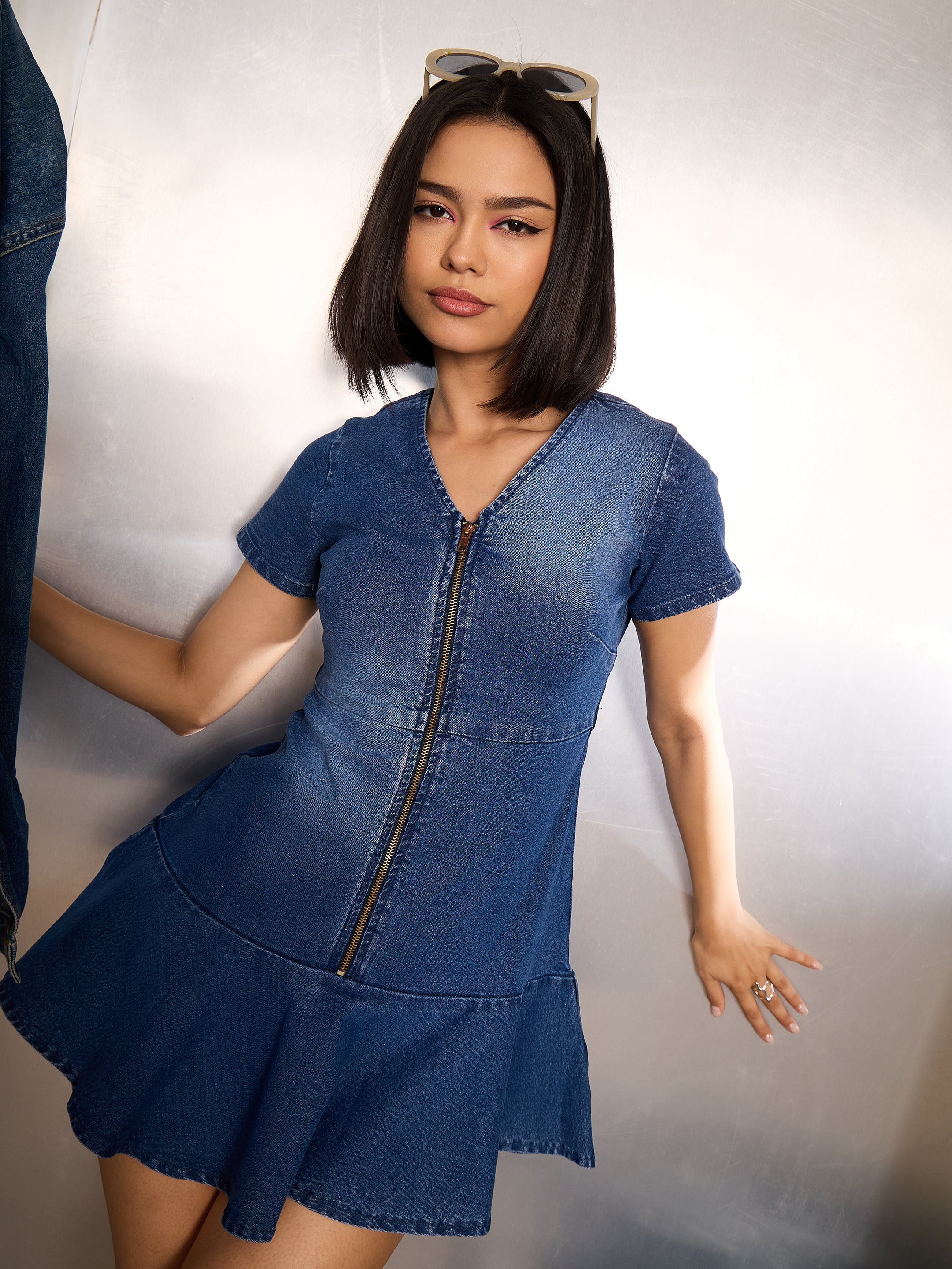 Women Blue Denim Flared Hem Short Dress-SFDRSS12864