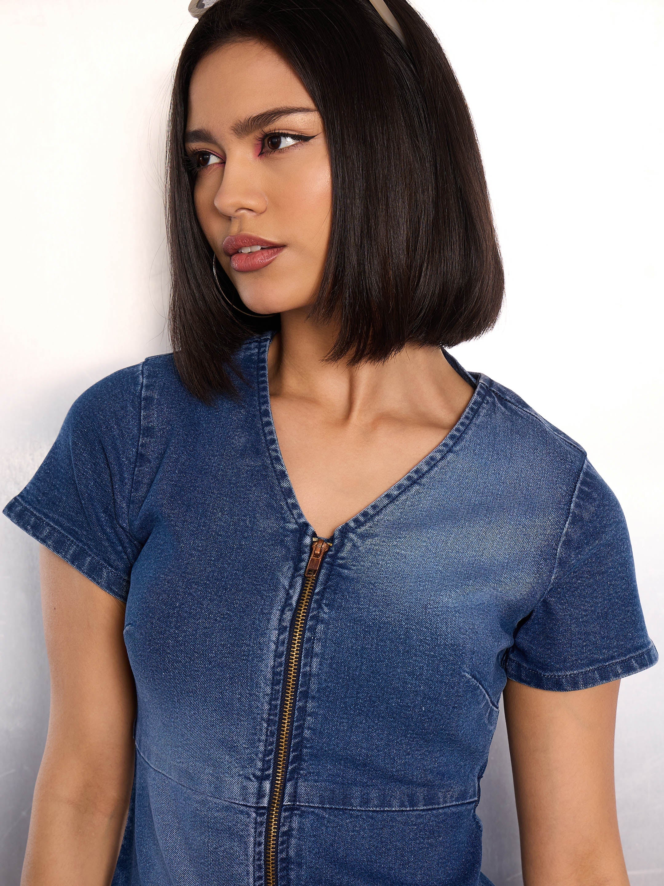 Women Blue Denim Flared Hem Short Dress-SFDRSS12864