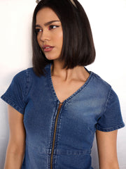 Women Blue Denim Flared Hem Short Dress-SFDRSS12864