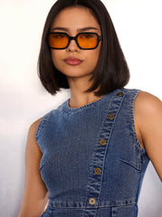 Women Blue Washed Denim Front Slit Dress-SFDRSS12866