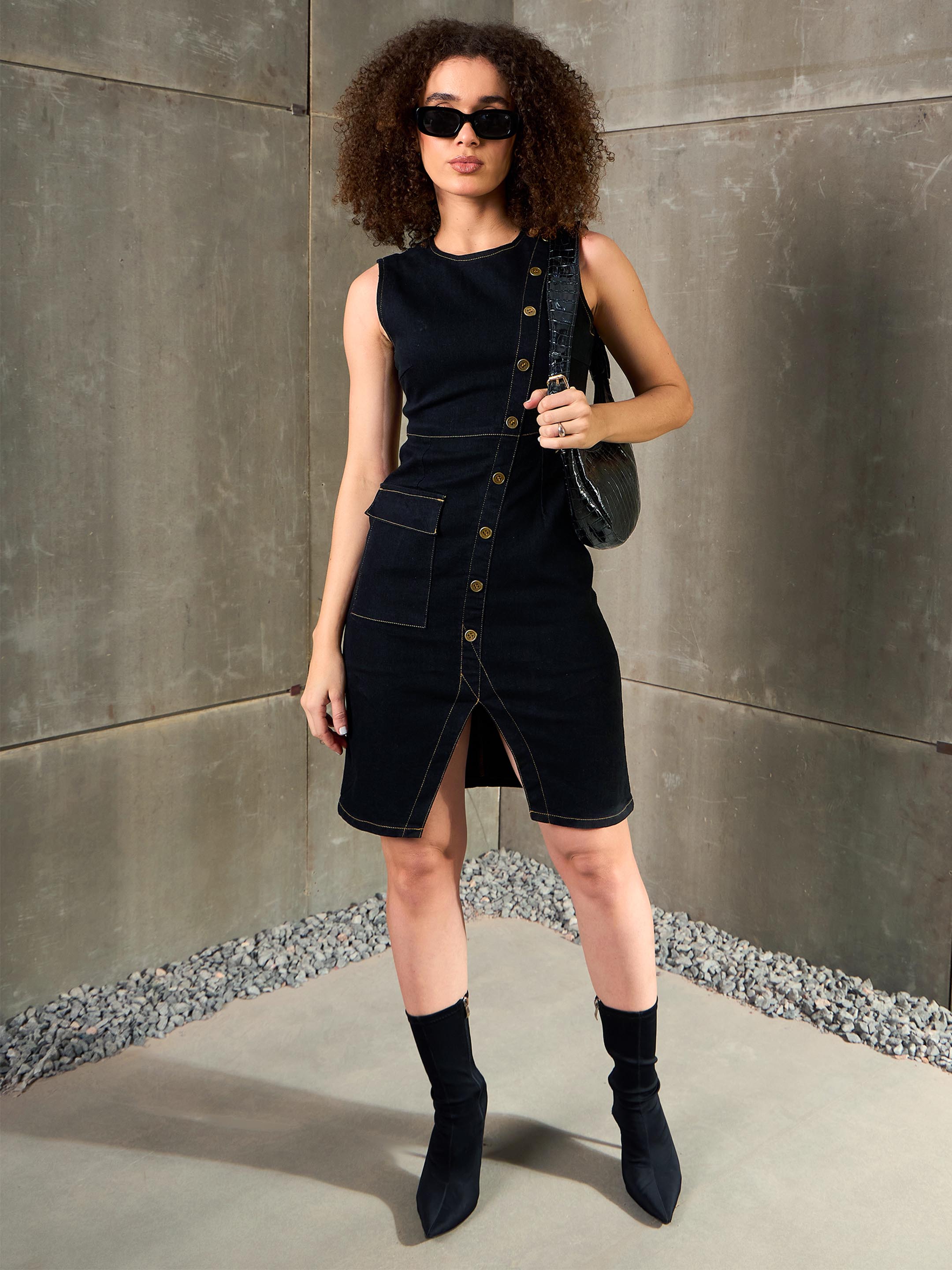 Women Jet Black Denim Front Slit Dress-SFDRSS12867