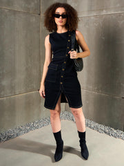 Women Jet Black Denim Front Slit Dress-SFDRSS12867