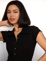 Women Black Rib Cap Sleeve Midi Dress-SFDRSS12868