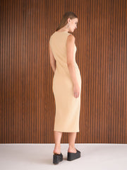 Women Beige Rib Tape Detail V-Neck Midi Dress-SFDRSS12870