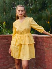 Women Yellow Schiffli V-Neck Frill Detail Short Dress-SFDRSS12872