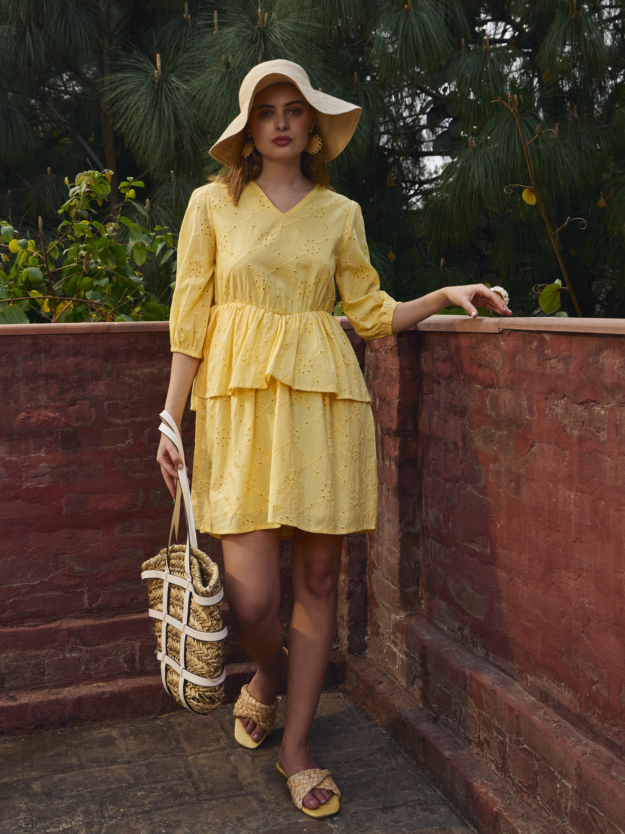 Women Yellow Schiffli V-Neck Frill Detail Short Dress-SFDRSS12872