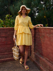 Women Yellow Schiffli V-Neck Frill Detail Short Dress-SFDRSS12872