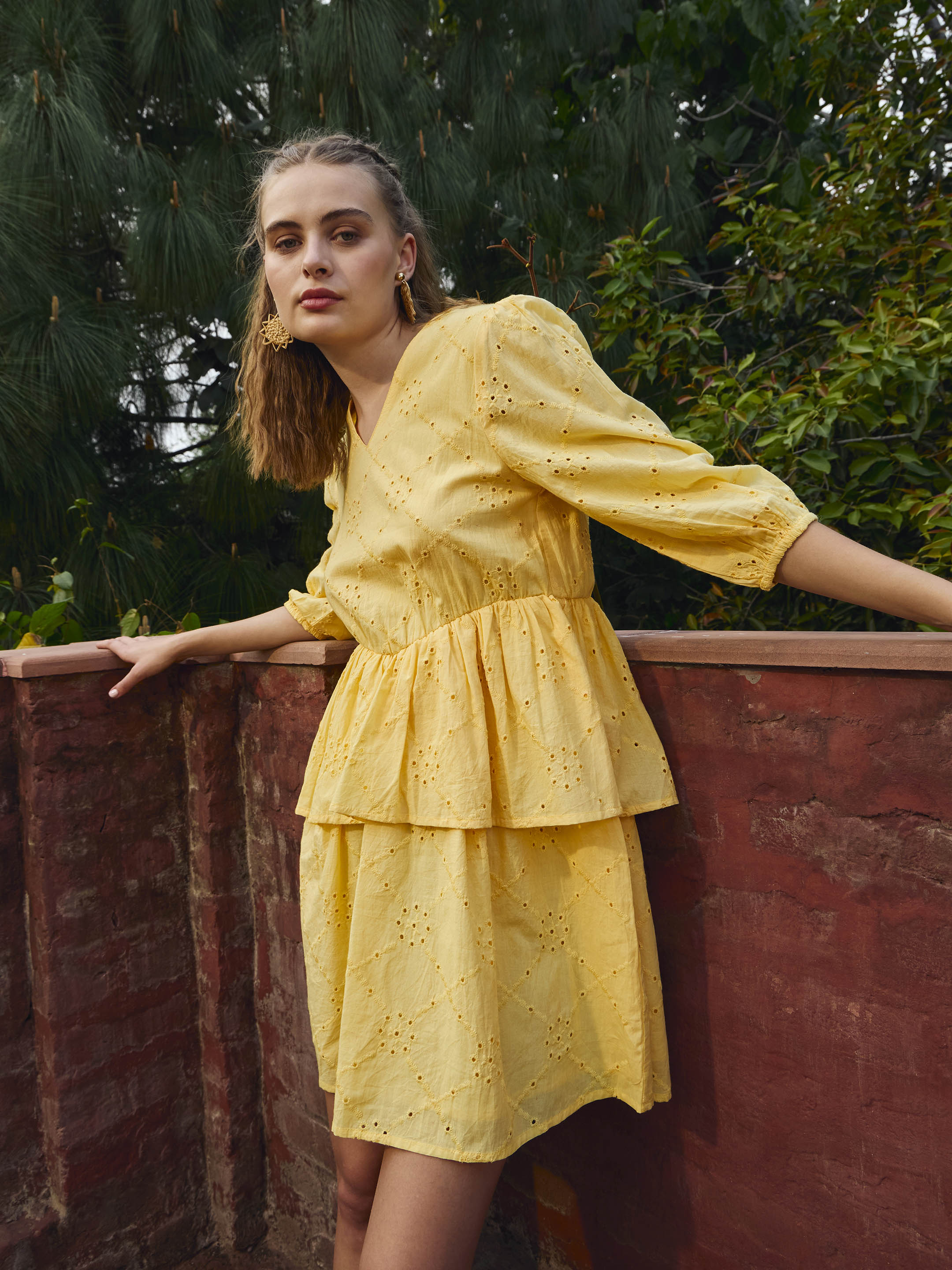 Women Yellow Schiffli V-Neck Frill Detail Short Dress-SFDRSS12872