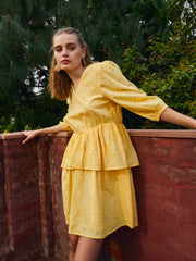Women Yellow Schiffli V-Neck Frill Detail Short Dress-SFDRSS12872
