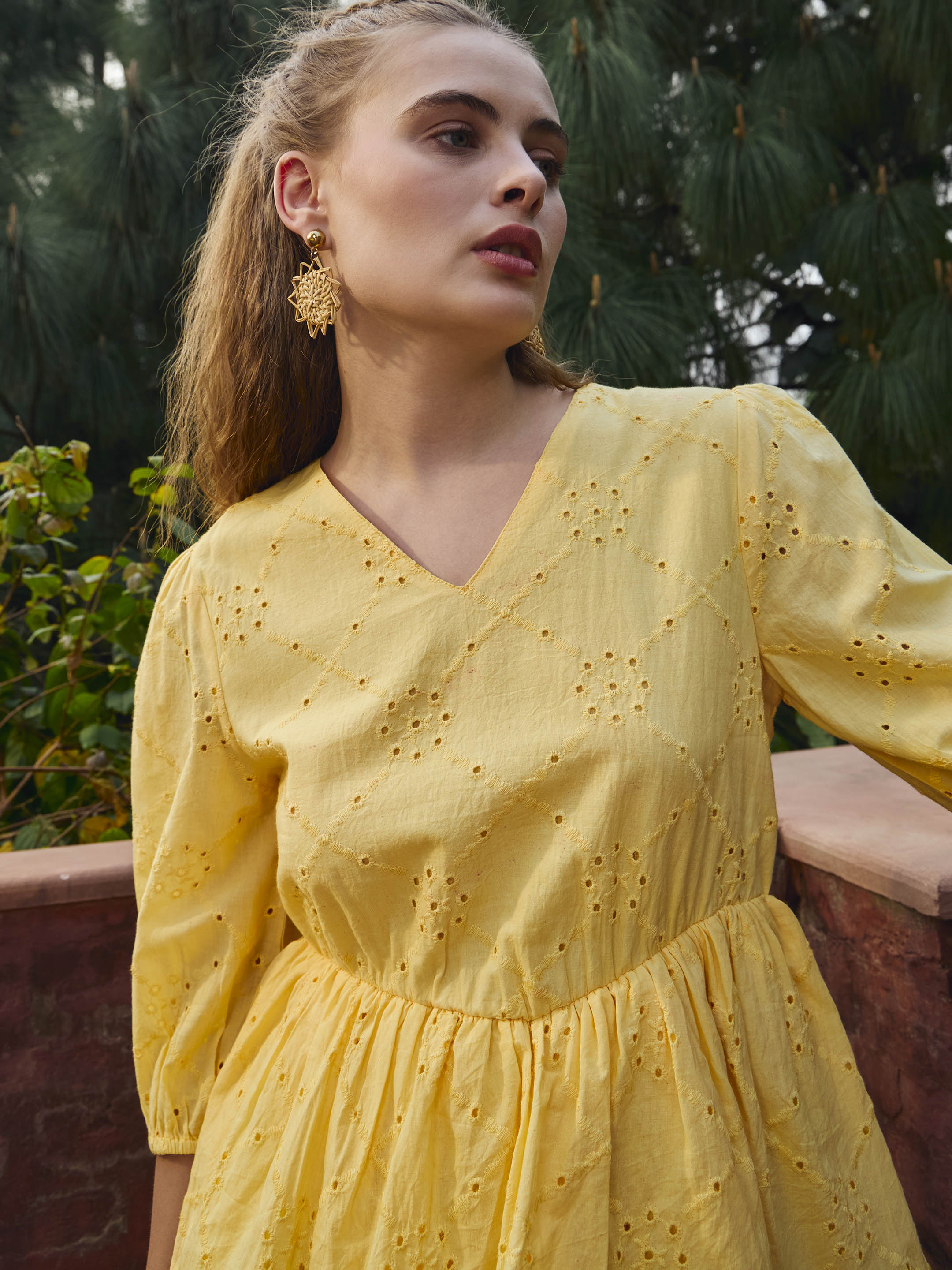 Women Yellow Schiffli V-Neck Frill Detail Short Dress-SFDRSS12872