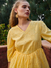 Women Yellow Schiffli V-Neck Frill Detail Short Dress-SFDRSS12872